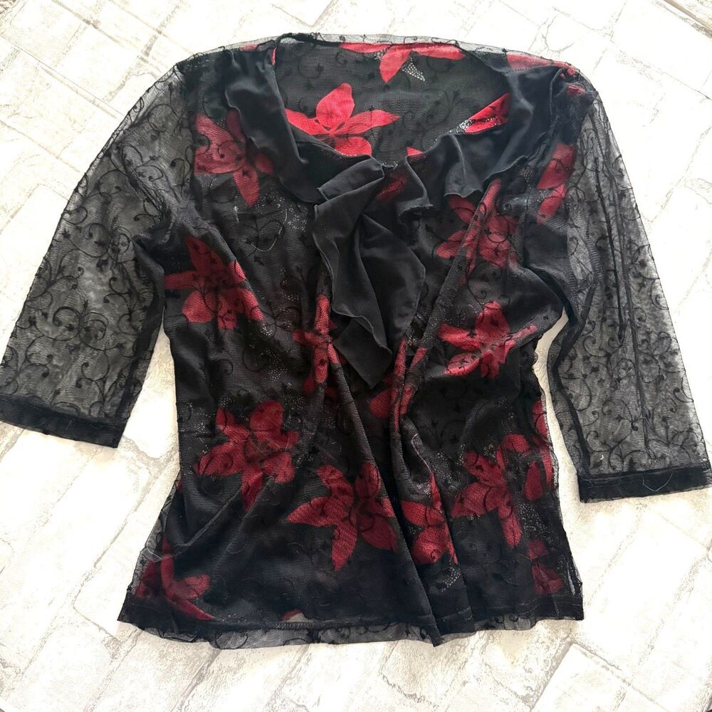 Women's Red Black Floral Mesh Ruffled Crewneck Witchcore Lace Top No Sz